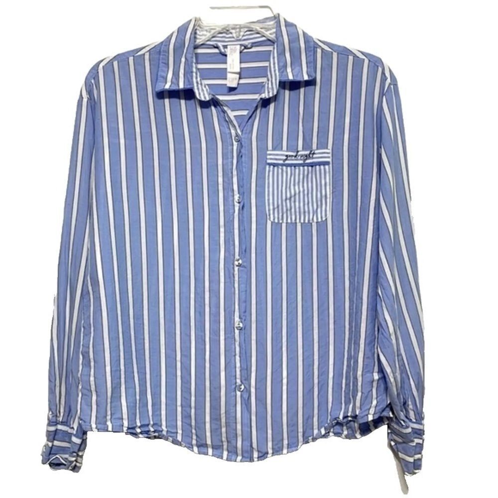 stars above Blue Stripe Button Up Collared PJ Sleep Shirt Long Sleeves sz Small